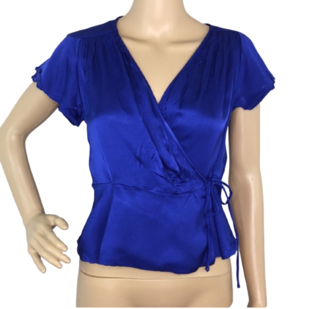 ZARA wrap blouse blue silky top short sleeve v-neck